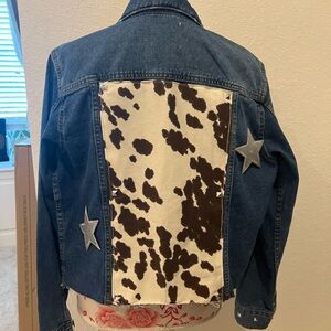 Denim Cow Print Pearl Embellished Jacket Med.